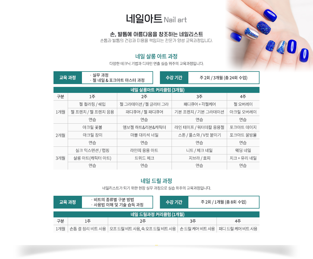 ³×ÀÏ¾ÆÆ®, ¼Õ, ¹ßÅé¿¡ ¾Æ¸§´Ù¿òÀ» âÁ¶ÇÏ´Â ³×Àϸ®½ºÆ®, ¼ÕÅé°ú ¹ßÅéÀÇ °Ç°°ú ¹Ì¿ëÀ» Ã¥ÀÓÁö´Â Àü¹®°¡ ¾ç¼º ±³À°°úÁ¤ÀÔ´Ï´Ù.