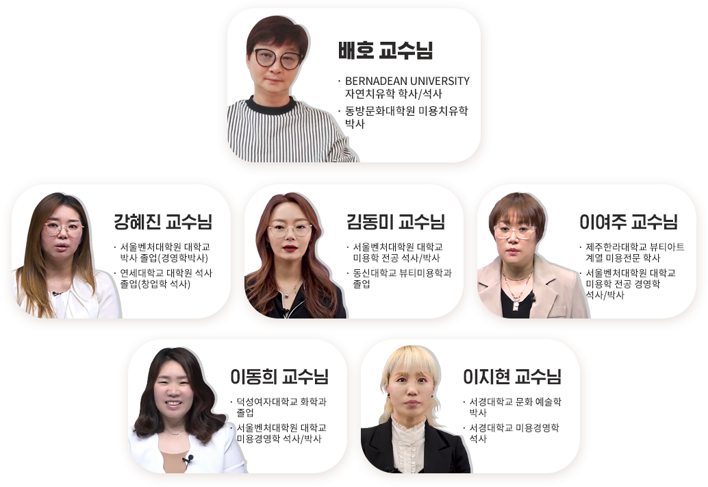 ��ȣ ������ (BERNADEAN UNIVERSITY �ڿ�ġ���� �л�/����, ���湮ȭ���п� �̿�ġ���� �ڻ�), ������ ������(���ﺥó���п����б� �ڻ� ����/�濵�йڻ�, �������б����п� ���� ����/â���� ����), �赿�� ������(���ﺥó���п����б� �̿������� ����/�ڻ�, ���Ŵ��б� ��Ƽ�̿��а� ����), �̿��� ������(�����Ѷ���б� ��Ƽ��Ʈ�迭 �̿������л�, ���ﺥó���п����б� �̿������� �濵�м���/�ڻ�), �̵��� ������(�������ڴ��б� ȭ�а� ����, ���ﺥó���п����б� �̿�濵�� ����/�ڻ�), ������ ������(������б� ��ȭ�����йڻ�, ������б� �̿�濵�м���)